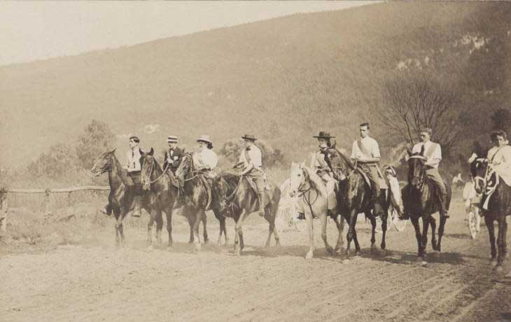 Black and white photograph of a row of eight horses in the Ulster County Fair Parade from 1907